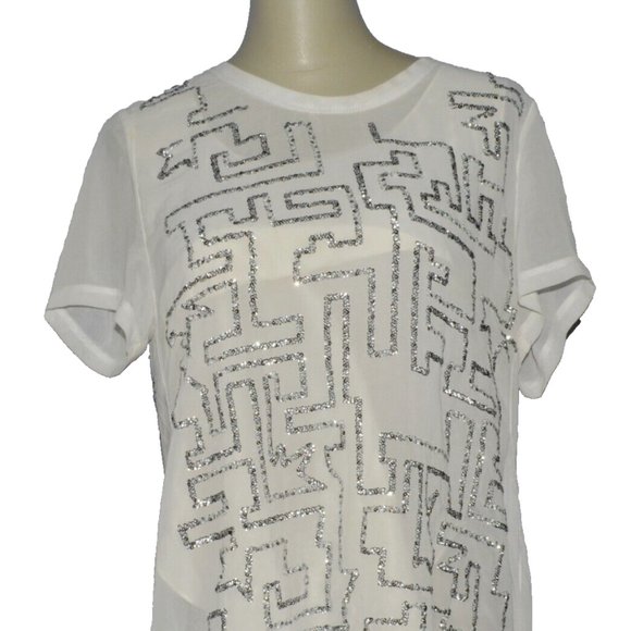 3.1 PHILLIP LIM SZ 6 S SMALL WHITE SILVER MAZE EMBROIDERED SEQUINS BLOUSE TOP - Picture 11 of 11